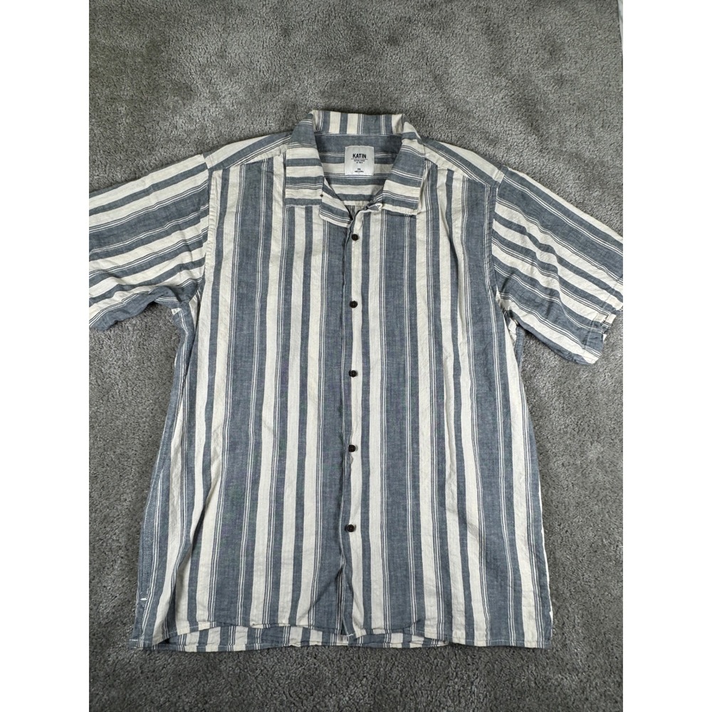 Katin Mens XXL Blue Cream Striped Cotton Linen Short Sleeve Button Down Shirt